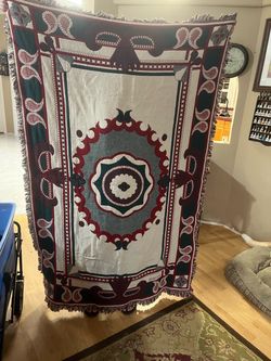 Woven Tapestry Throw Blanket with Fringe
