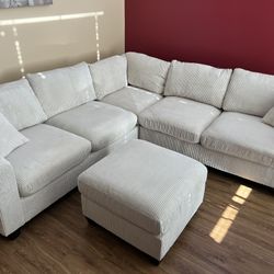 New Corduroy Fabric Sectional.  Off White / Beige.  99” X 99”.  Free Delivery!