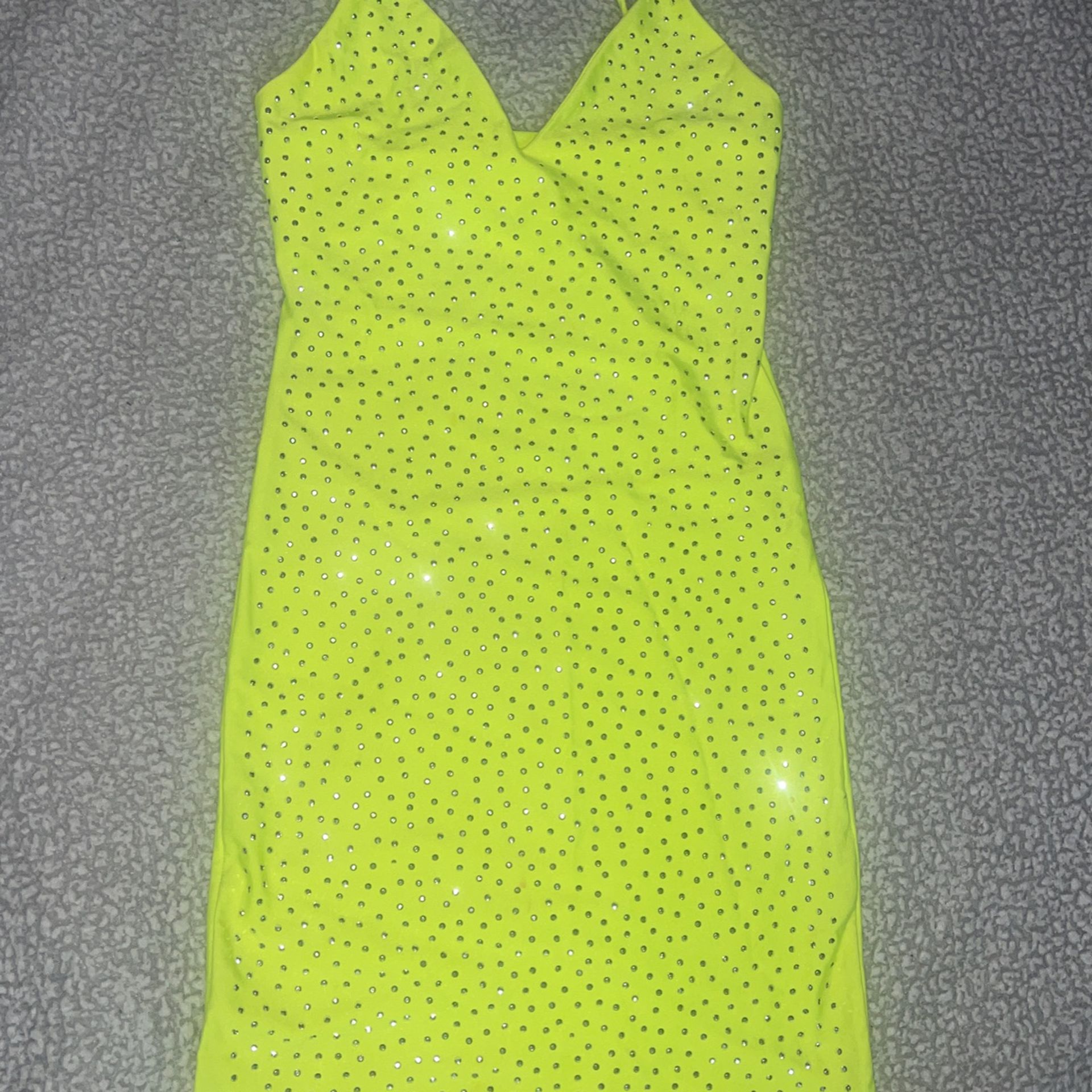Short Spandex Neon Yellow Dress W/ Rhinestones