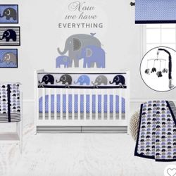 Pick Up From Mount Juliet 37122.. Bacati Elephants 10 Piece Crib Bedding Set, Blue/Gray With Musical Mobile