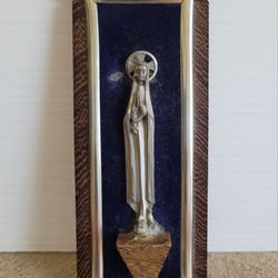 Vintage Mid-Century Holy Mary Wall Plaque in Wood and Pewter 6 1/4" Tall. 

