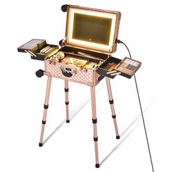 Rolling Makeup Case Mirror LED Lighted 20inch Adjustable Brightness Extendable Tray For Makeup Artist Travel Studio