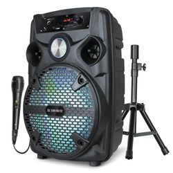 Bluetooth Rechargeable Speaker With USB, TF, FM Radio, Tripod, Microphone, 8-Inch Woofer LED Lights