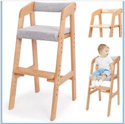 Wooden High Chair for Toddlers, Adjustable Feeding Chair with Removable Cushion for Child, High Chair Grows with Kid for Dining, Studying, Step Tool(N