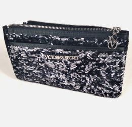 Victoria Secret’s Black Sequin Clutch Bag . ( Evening Bag - Make Up Bag) Double Zipper . Inside Is Very Clean