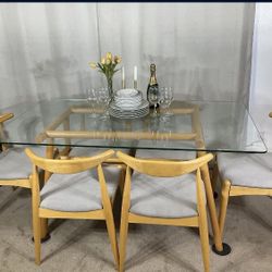 Glass Dining Table With 6 MCM Style Dining Chairs