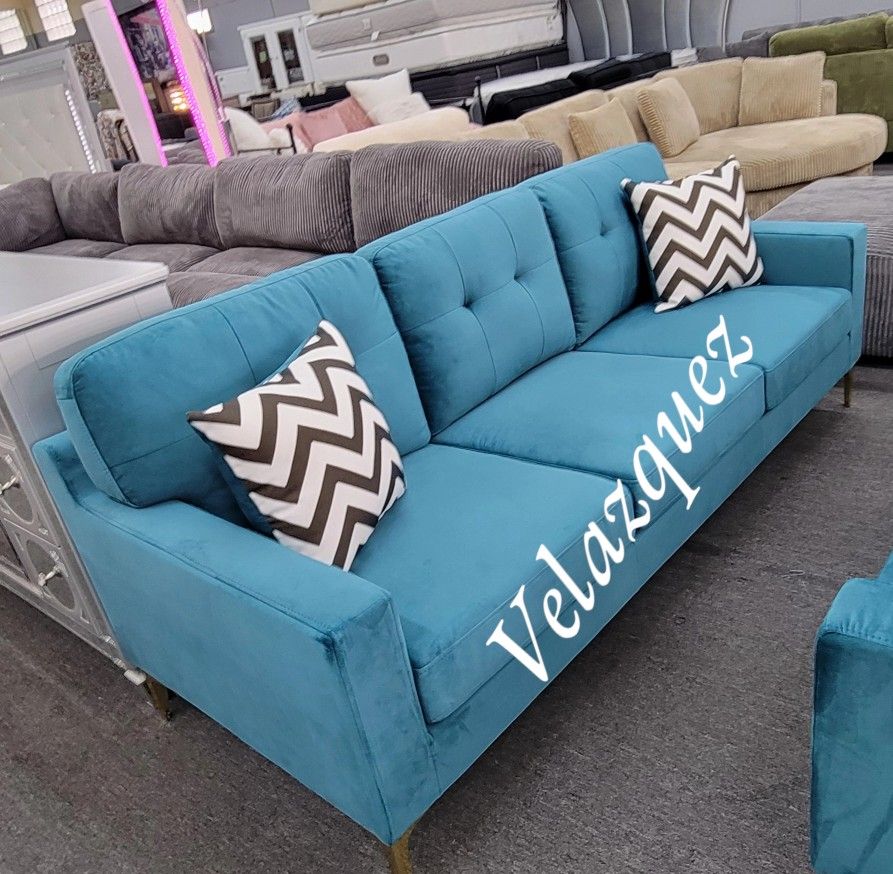✅️✅️2 pc teal blue velvet fabric sofa and love seat set with golden tone legs✅️