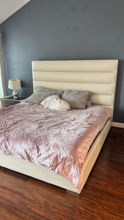 Cream/white Upholstered Bed Frame with Headboard + Side Tables