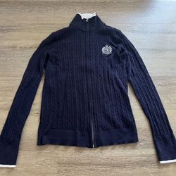 Lauren Ralph Lauren Active Sweater Womens Size M Blue Cable Knit Preppy Full Zip 
