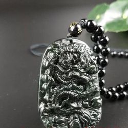 Natural Jade Carved Dragon Pendant Beaded Necklace