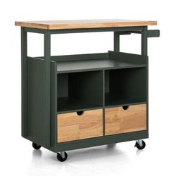 
New Rubber Wood Tabletop Kitchen Island Cart with Drawers and Towel Rack, Green
