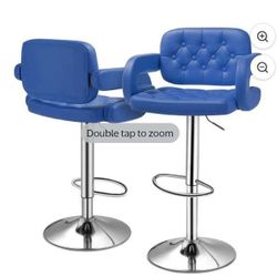 Counter Height Swivel Bar Stool Set of 2, Adjustable Dining Chair Faux Leather with Backrest and Footrest, Blue