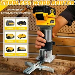 800W Cordless Wood Router Compatible With Dewalt 20V or Milwaukee M18 Battery,byczone 30000RPM Brushless Motor Router Attach 15PCS 1/4" Router Bits,6 