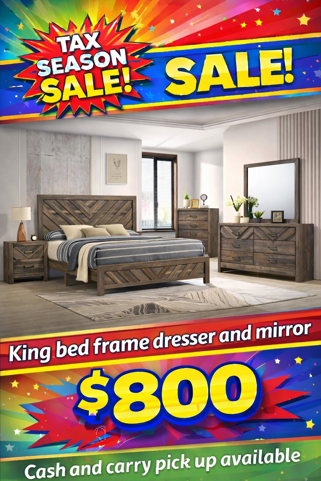 Queen bed with storage dresser and mirror