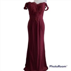 Long Burgundy Lace Off The Shoulder Prom Dress 