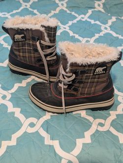 Sorel Tivoli Black Plaid Duck Waterproof Boots Faux Fur Lined Winter sz 7