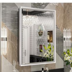 Keonjinn 17" x 25" Silver Bathroom Medicine Cabinets with Mirror, Recessed or Surface Wall-Mounted Aluminum Alloy Framed Beveled Mirror with Storage, 