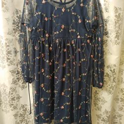 Girls Size 14 Dress Navy Blue with Pink Flowers