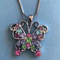  Multicolor Crystal Butterfly Necklace  On Snake Chain *Ship Nationwide Or Pickup Boca Raton