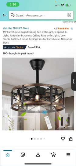 Farmhouse Fandelier Ceiling Fan with Light, 6-Lights, Caged Small Ceiling Fans with Lights and Remote, Rustic Bladeless Low Profile Ceiling Fan with L