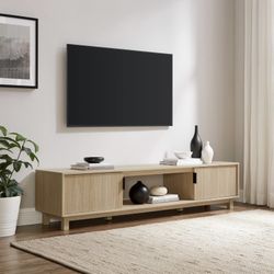 Walker Edison Walton Modern Fluted-Door Low Stand For TVs Up To 80 Inches, 70 Inch, Coastal Oak