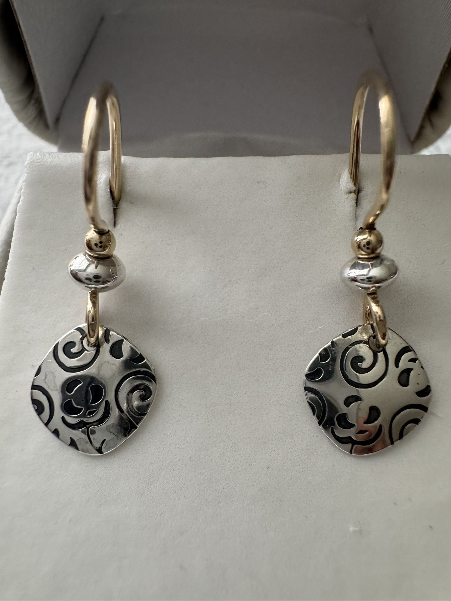 Sterling Silver Vermeil & Silver Tone Etched Dainty Dangle Earrings