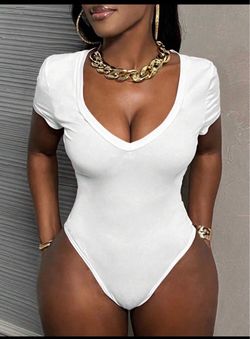 SHEIN Slaydiva White Deep V-Neck Short Sleeve Bodysuit