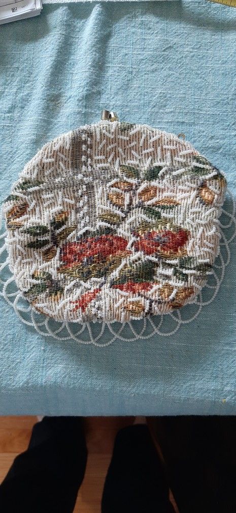 MCM white seed bead and tapestry evening bag.