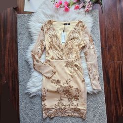 Time to shine!!! this brand new bodycon, long see through sleeve squin embellished is gorg, SIZE 4