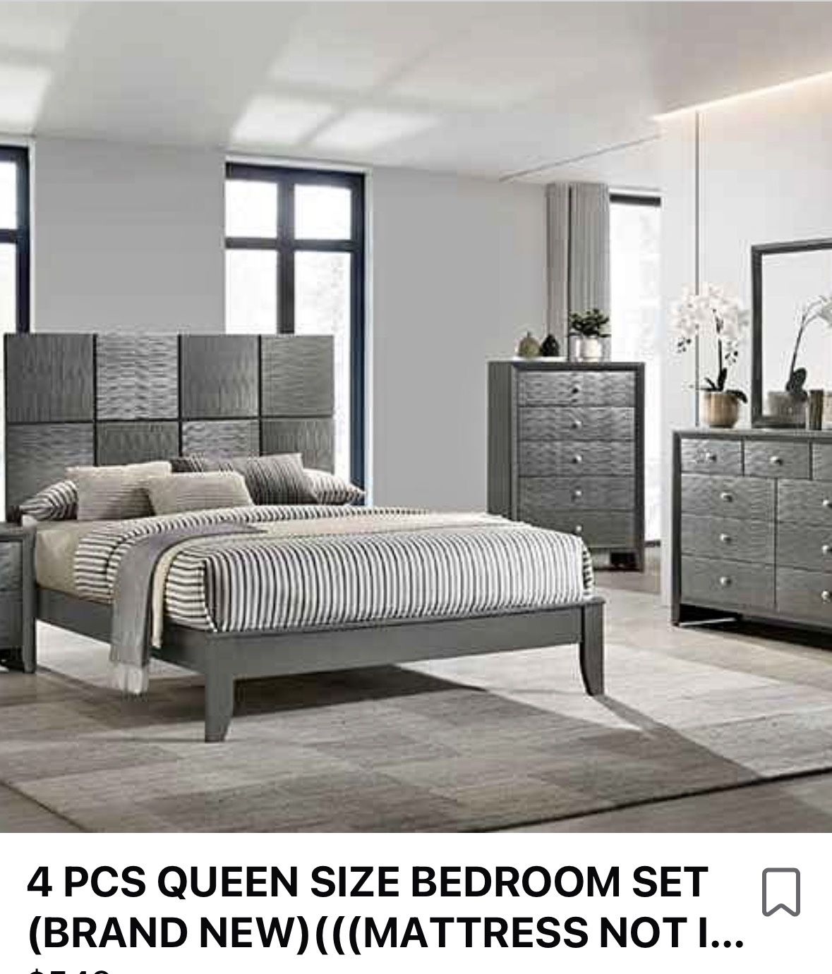 4- Pc Bedroom set Dresser,Mirror Nightstand (1) Queen size bed frame Not including Mattress and Box Sp