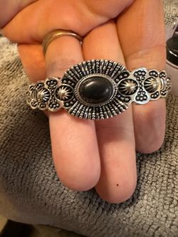 Silver-Tone Cuff Bracelet with Black Stone