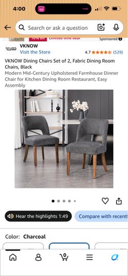 VKNOW Fabric Dining Chairs Set of 2, Charcoal