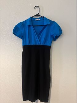 Colorblock Bodycon Dress - Blue Collar Top & Black Skirt - Size M
