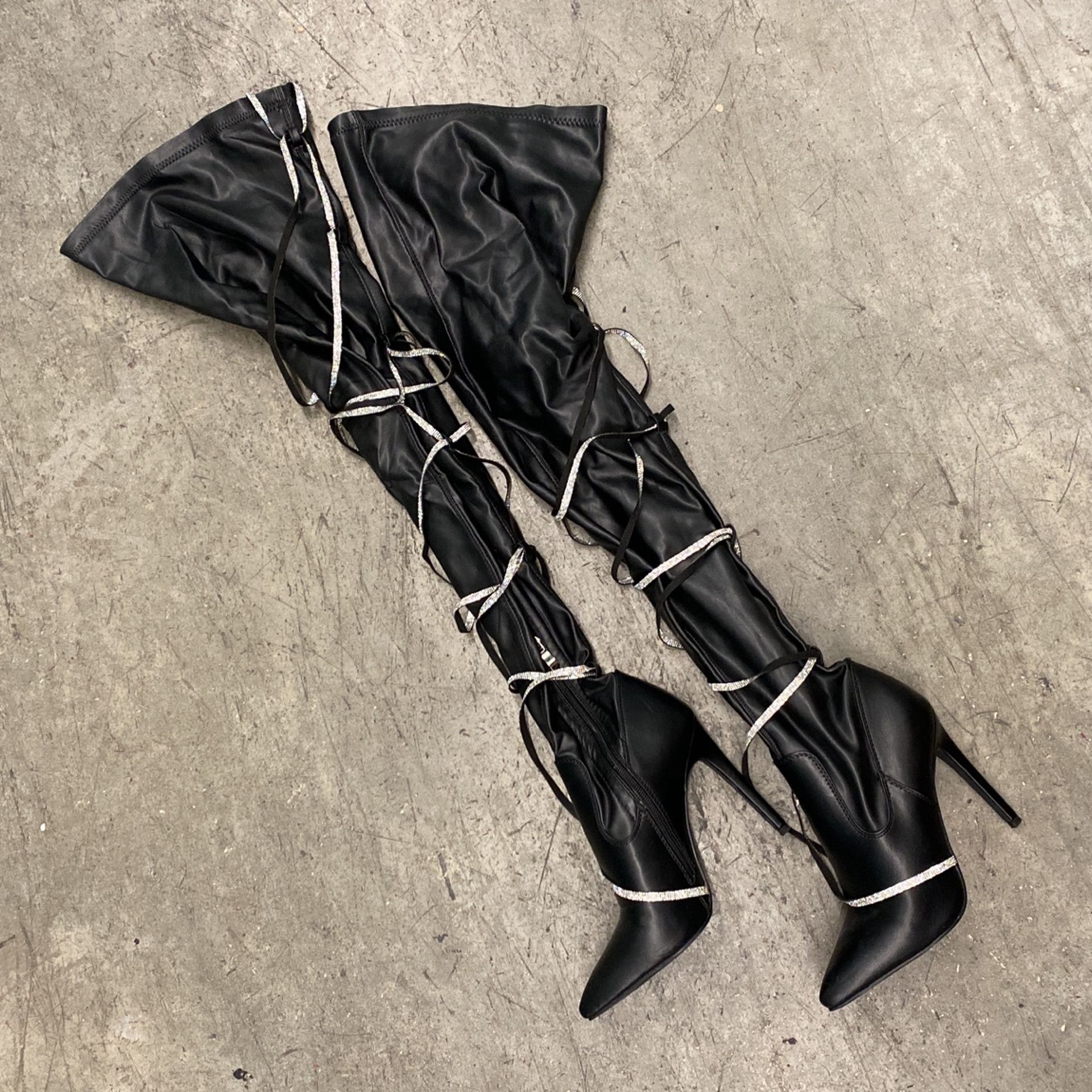 MOVE OUT SALE - Thigh High Black Leather Boots With Glitter Straps (never worn)
