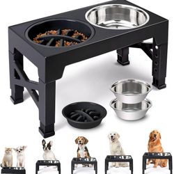 new Elevated Dog Bowls - 5 Adjustable Heights Stand, 2 Stainless Steel Bowls & 1 Slow Feeder, 3.2" to 12.2" for Small to Large Dogs  About this item  