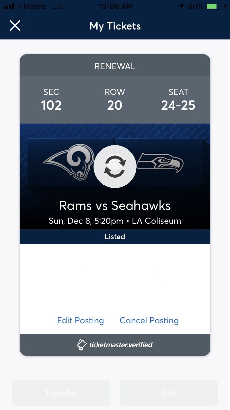 Seahawks vs Rams Sunday 12/8 - $150 obo