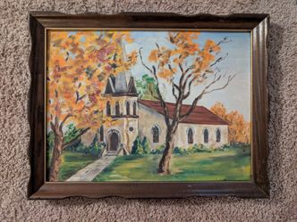 Vintage Framed Church Landscape 18"x14" Canvas Panel Wall Art Oil Painting