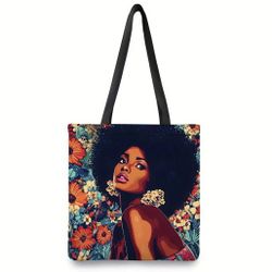 Vintage 1970's Style Afro Girl Light Weight Floral Tote Bag