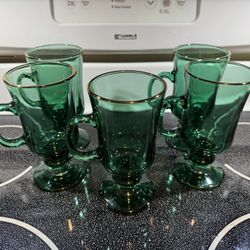 Set of 5 - Vintage Libbey Juniper Green Glass Irish Coffee Pedestal Mugs Gold Trim Glasses.