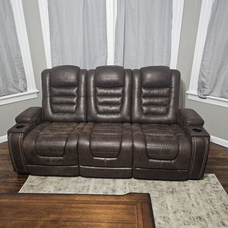 Faux Leather Adjustable Power Reclining Sofa with Cup Holders