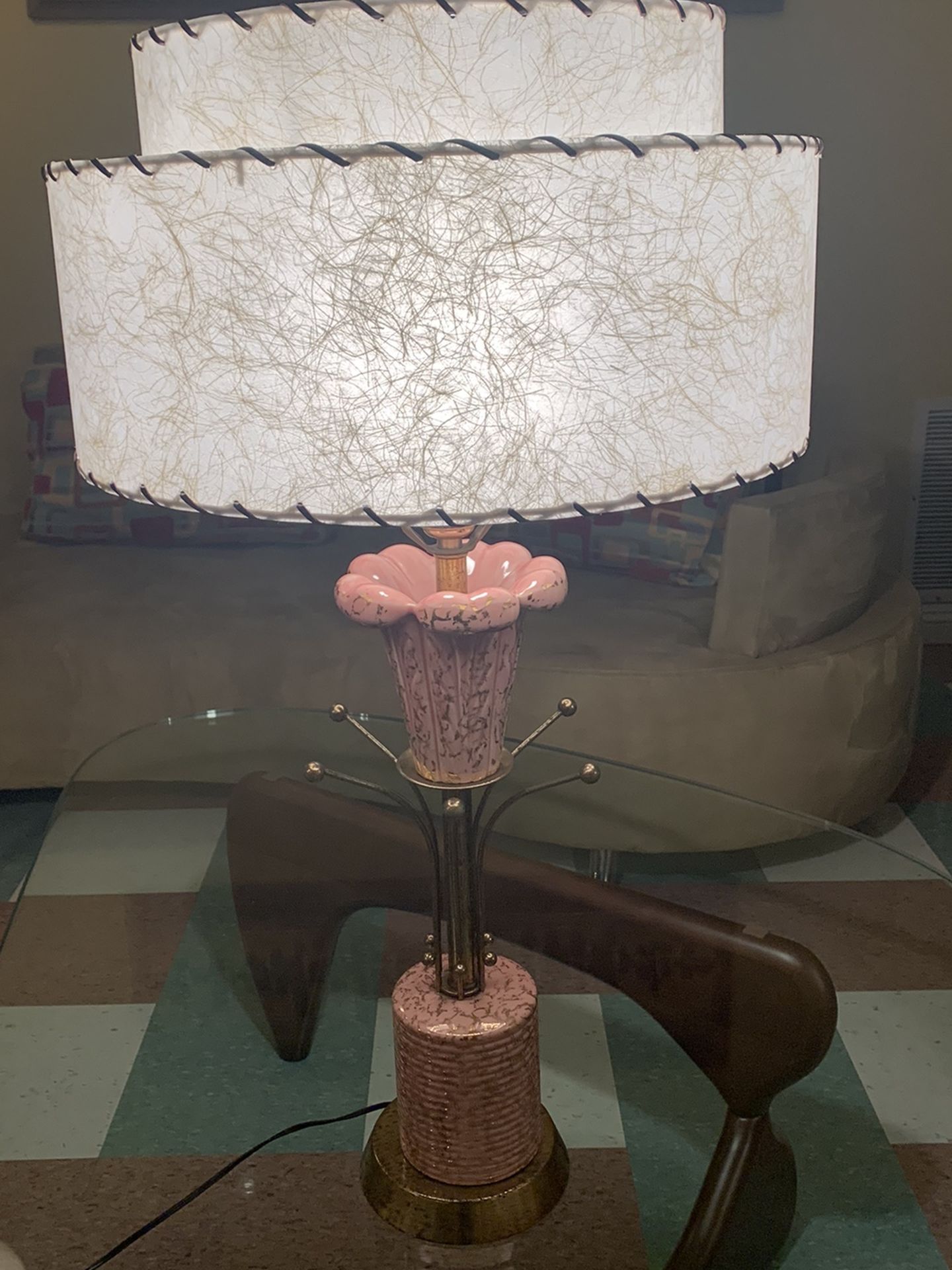 Vintage Pink Mid Century Modern Lamp With New Reproduction Lampshade