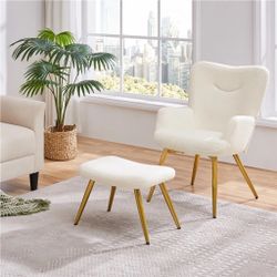 Accent Chair and Ottoman Set, Sherpa Armchair with Golden Metal Legs and High Back, Footstool for Living Room, Lounge, Ivory 