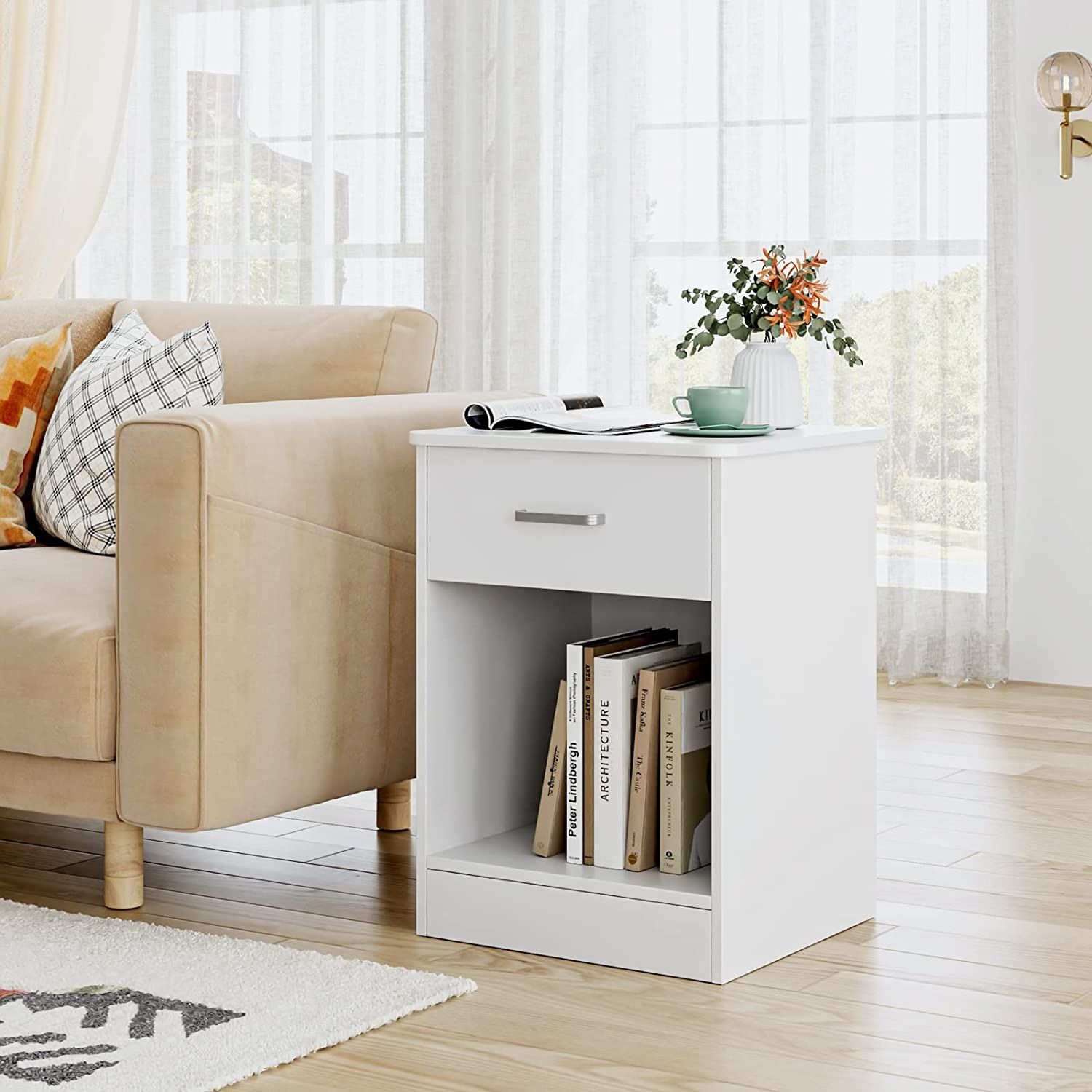 Nightstand, 2-Tier Side Table with Drawer and Storage Shelf, Bedside Table End Table, Modern Night Stand for Bedroom, Living Room, Home Office,white