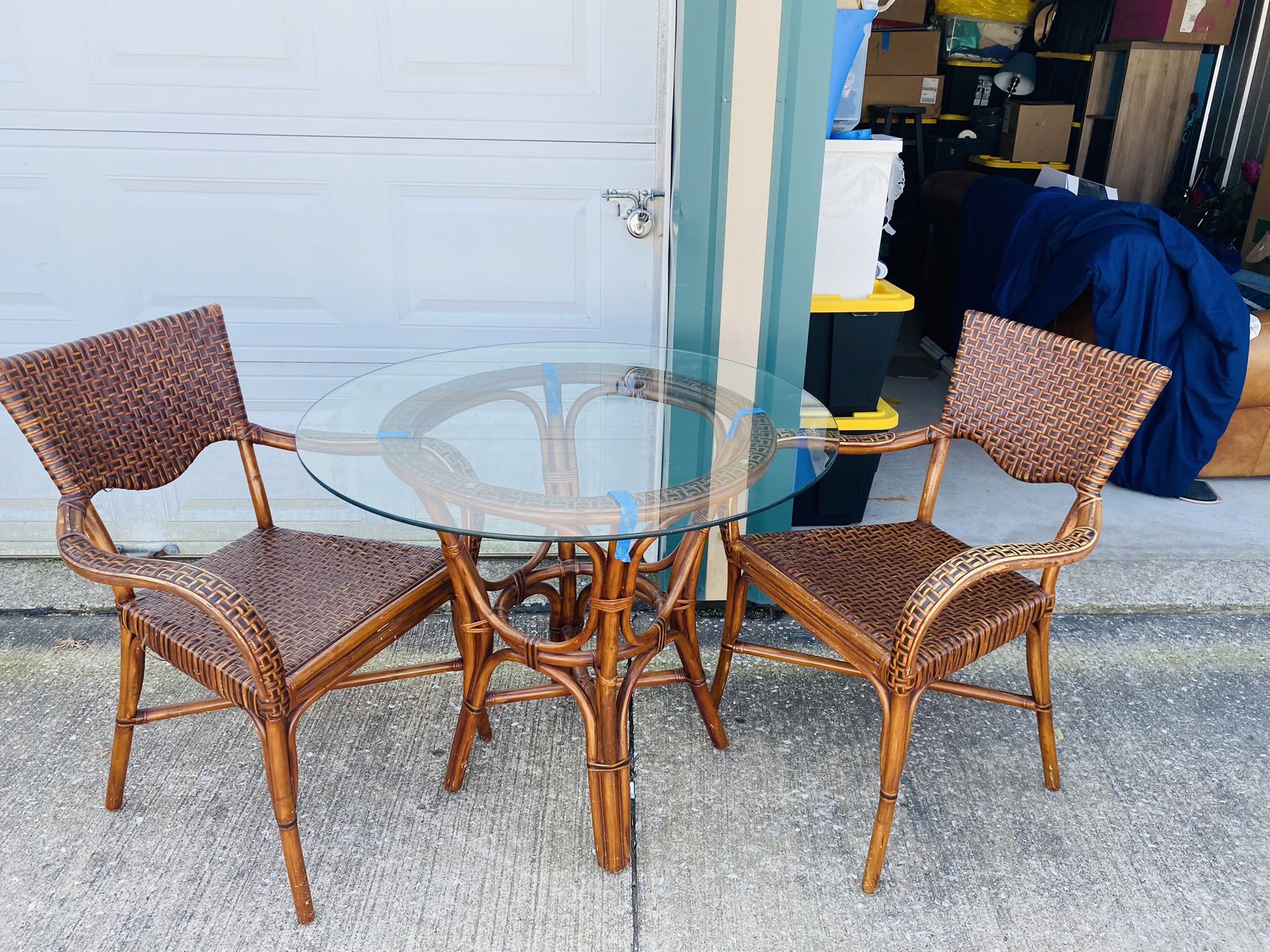 Rattan Glass Top Table And Two Chairs 