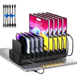 415W Charging Station for Multiple Devices, 10-Port USB C Fast Charger Station, Dual PD 100W Charging Dock with Adjustable Dividers & 6 Cables-Device 