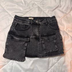 Black Washed Denim Cargo Mini Skirt