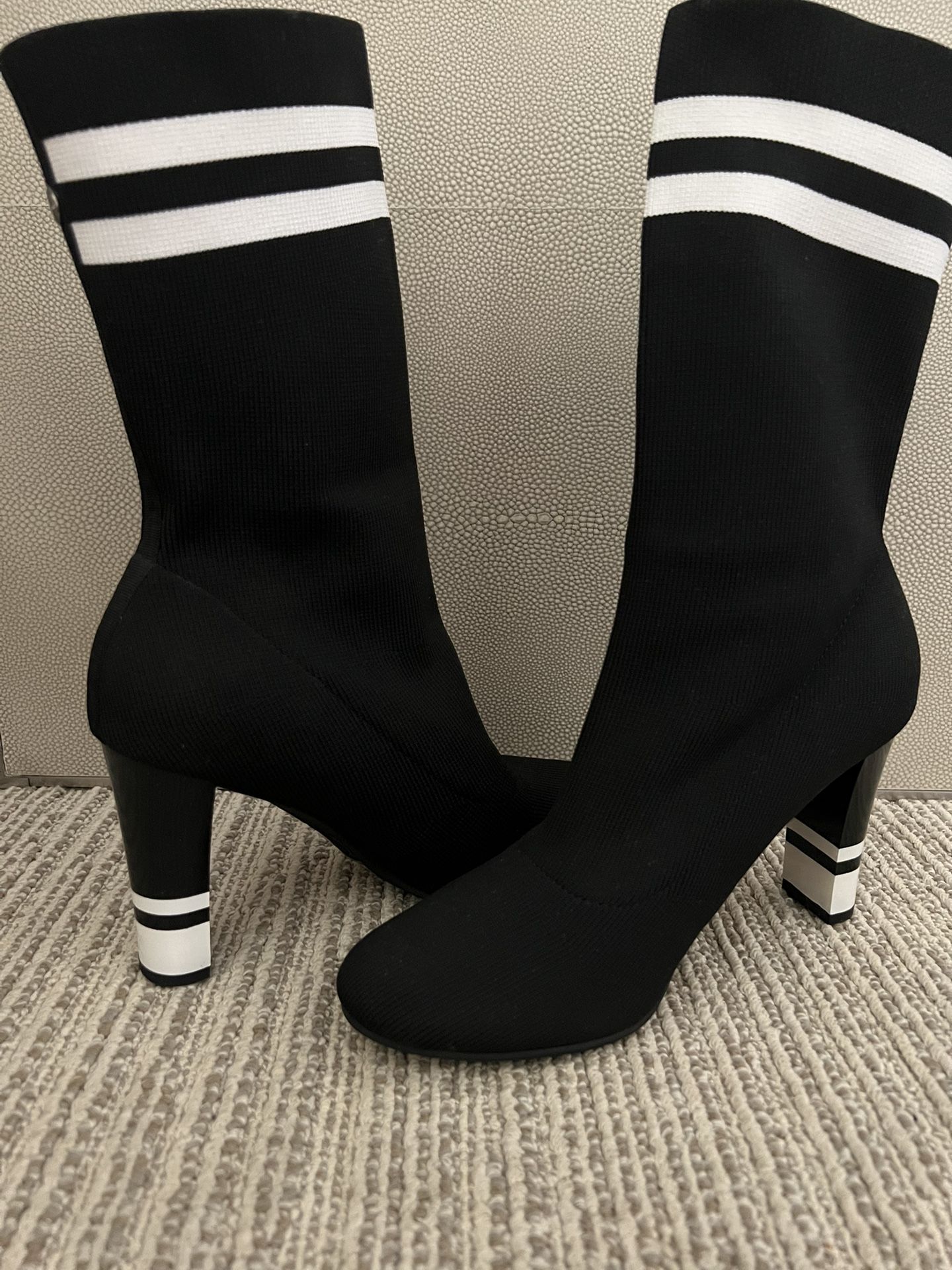 Sam Edelman Circus Black And White Mid Calf Sock High Heel Boot 