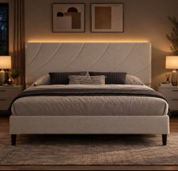 Full Bed Frame with Adjustable Headboard,White
Linen Fabric, Upholstered Platform Bed Frame, Spiral Shell Texture Tufted, 6" Under‑Bed Storage, No Box