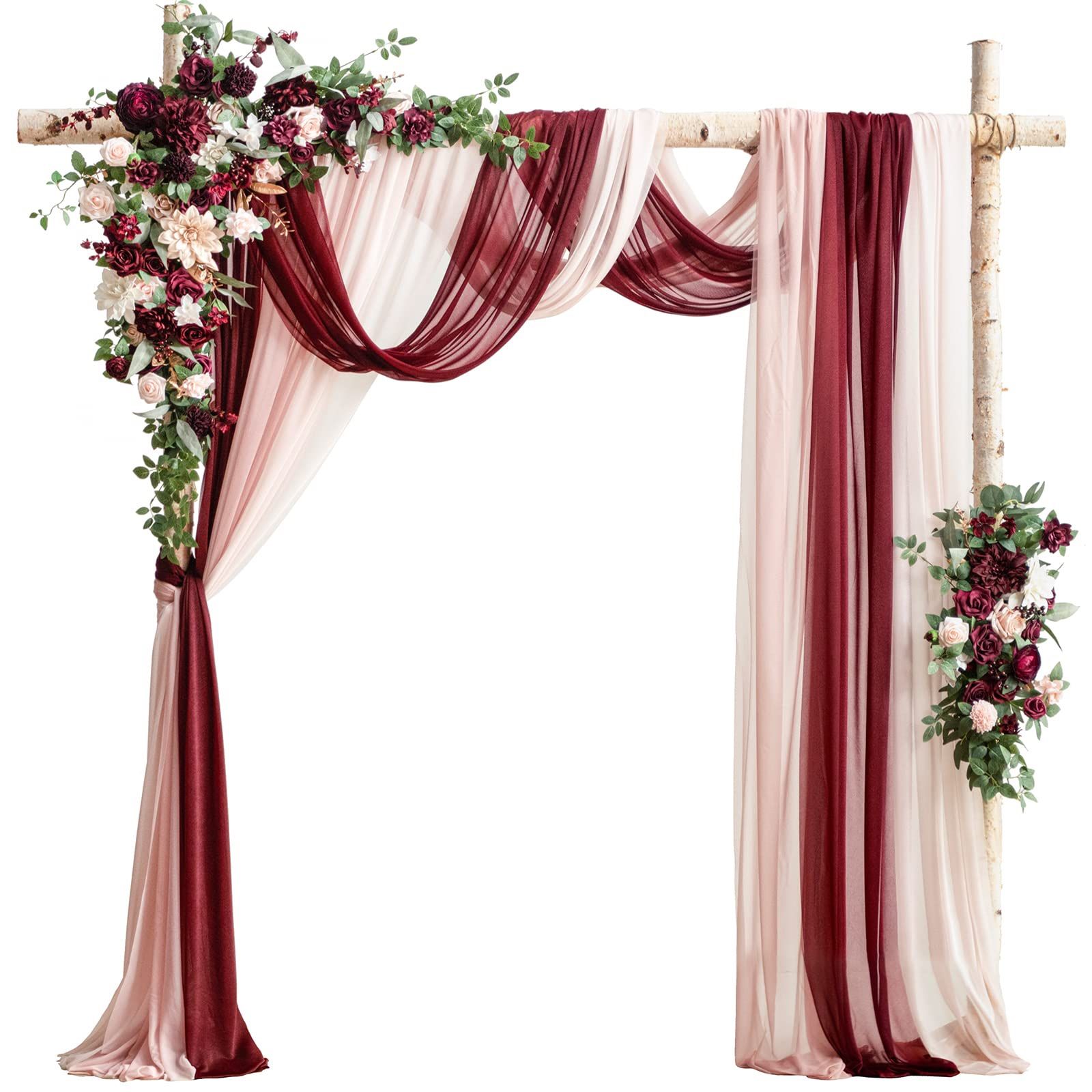 Ling's Moment Deluxe Wedding Arch Flowers With Drapes Kit-Pack Of 5, 2pcs Flower Arrangements 3pcs Hanging Sheer Drapes Pink Ceremony Arbor Red Backdr