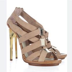 Herve Leger Natural Clara High-Heel Leather Sandal- Gold Heel- Size EU 39